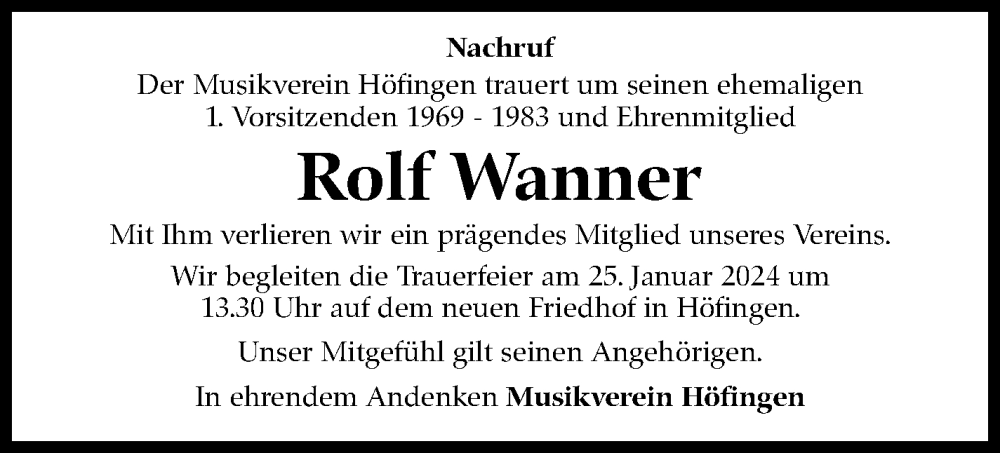  Traueranzeige für Rolf Wanner vom 20.01.2024 aus Leonberger Kreiszeitung / Strohgäu Extra