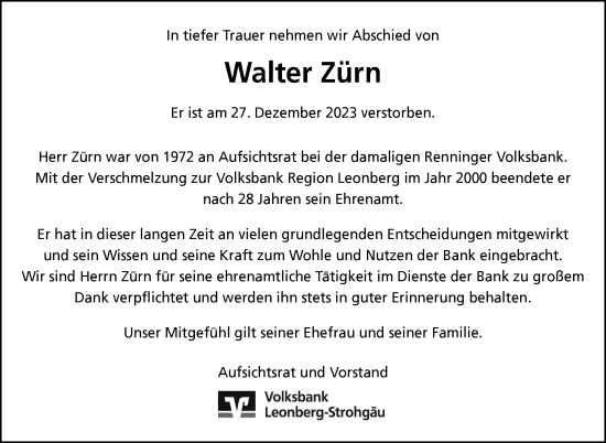 Traueranzeige von Walter Zürn von Leonberger Kreiszeitung / Strohgäu Extra