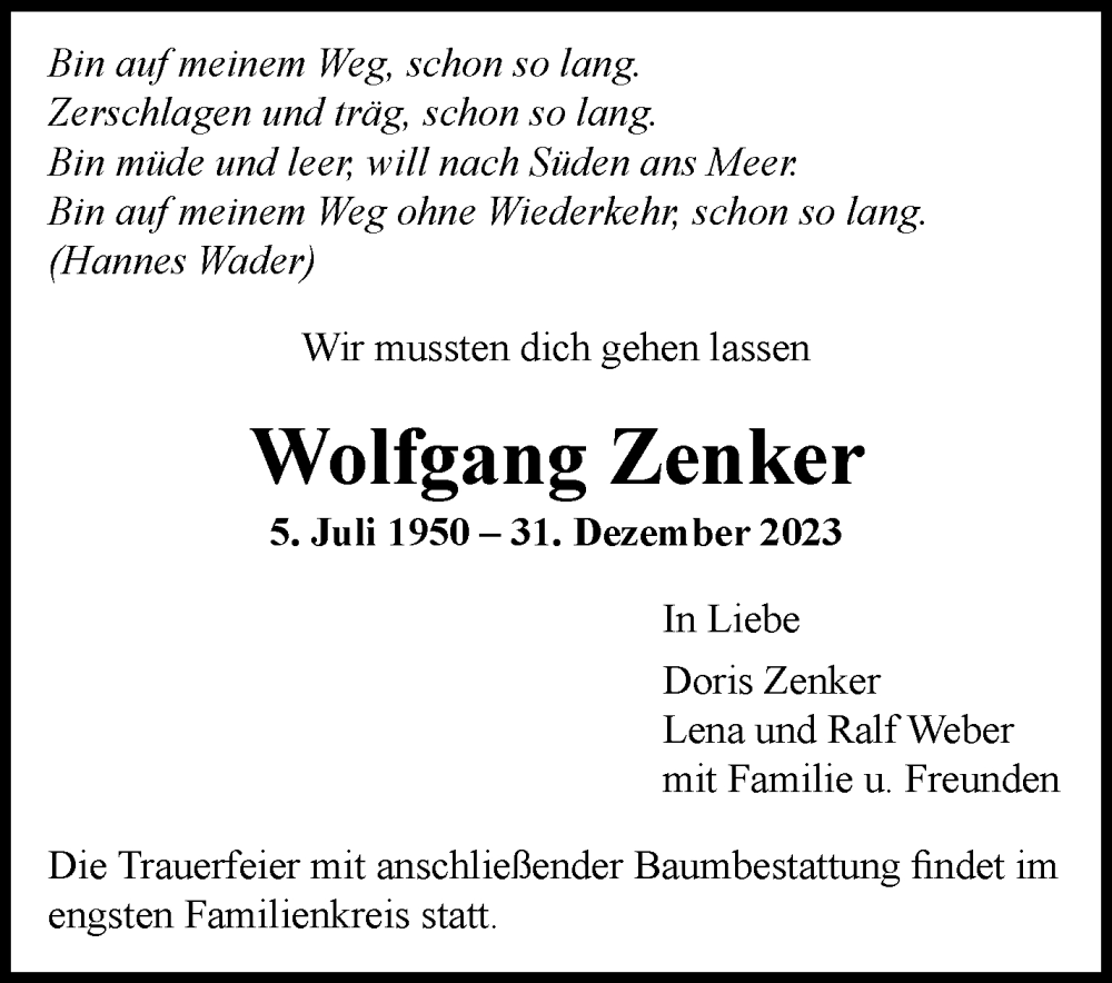  Traueranzeige für Wolfgang Zenker vom 05.01.2024 aus Leonberger Kreiszeitung / Strohgäu Extra