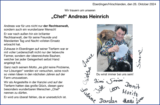 Traueranzeige von Andreas Heinrich von Leonberger Kreiszeitung / Strohgäu Extra