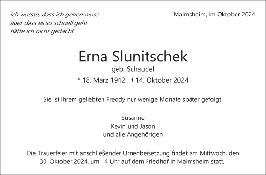 Traueranzeige von Erna Slunitschek von Leonberger Kreiszeitung / Strohgäu Extra