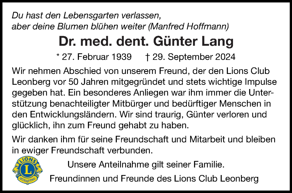  Traueranzeige für Günter Lang vom 19.10.2024 aus Leonberger Kreiszeitung / Strohgäu Extra
