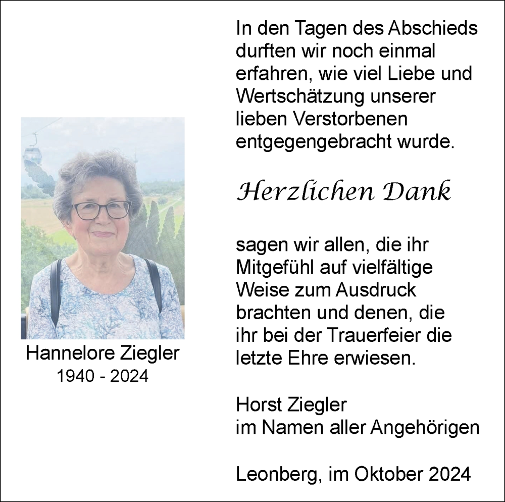 Traueranzeige für Hannelore Ziegler vom 16.10.2024 aus Leonberger Kreiszeitung / Strohgäu Extra
