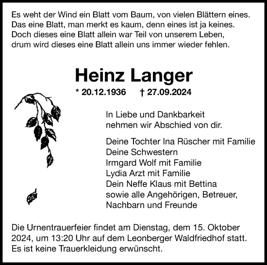 Traueranzeige von Heinz Langer von Leonberger Kreiszeitung / Strohgäu Extra