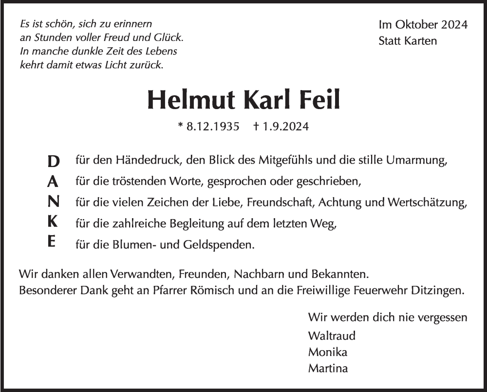  Traueranzeige für Helmut Karl Feil vom 02.10.2024 aus Leonberger Kreiszeitung / Strohgäu Extra