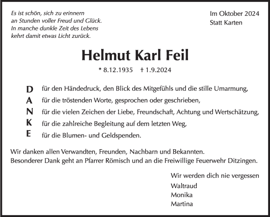 Traueranzeige von Helmut Karl Feil von Leonberger Kreiszeitung / Strohgäu Extra