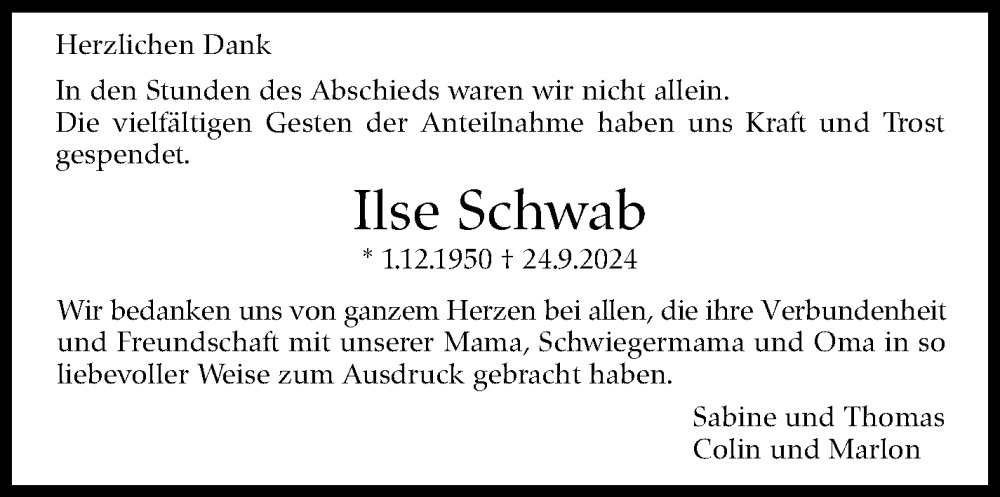  Traueranzeige für Ilse Schwab vom 19.10.2024 aus Leonberger Kreiszeitung / Strohgäu Extra