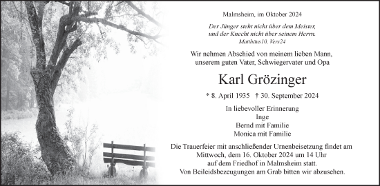 Traueranzeige von Karl Grözinger von Leonberger Kreiszeitung / Strohgäu Extra