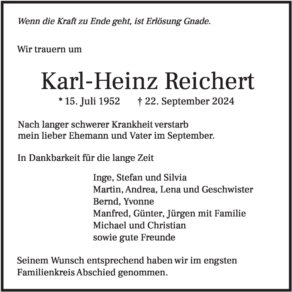  Traueranzeige für Karl-Heinz Reichert vom 19.10.2024 aus Leonberger Kreiszeitung / Strohgäu Extra