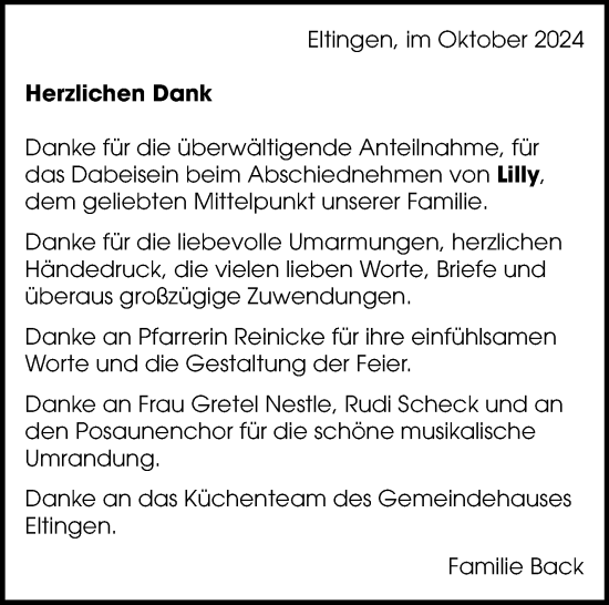 Traueranzeige von Lilly Back von Leonberger Kreiszeitung / Strohgäu Extra