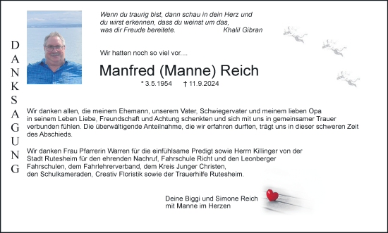 Traueranzeige von Manfred Reich von Leonberger Kreiszeitung / Strohgäu Extra