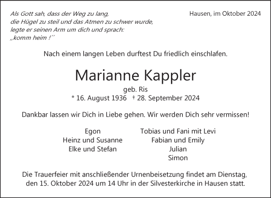 Traueranzeige von Marianne Kappler von Leonberger Kreiszeitung / Strohgäu Extra