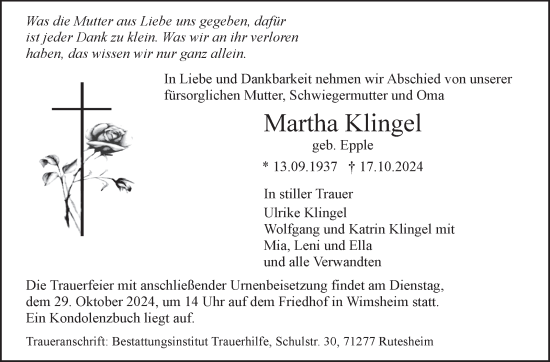 Traueranzeige von Martha Klingel von Leonberger Kreiszeitung / Strohgäu Extra
