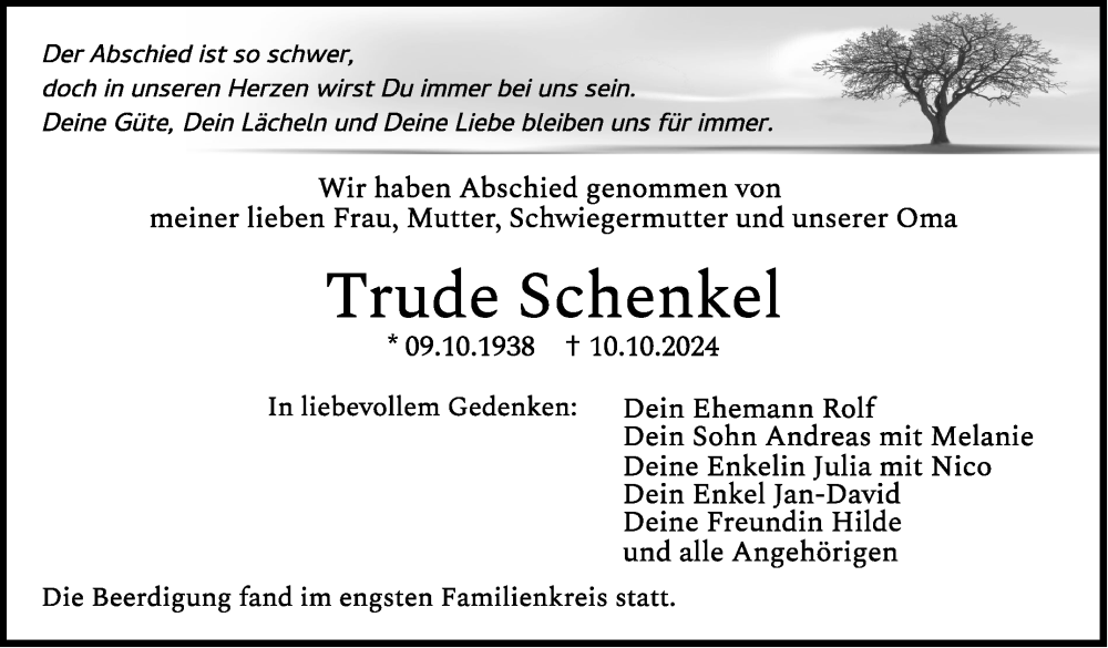  Traueranzeige für Trude Schenkel vom 24.10.2024 aus Leonberger Kreiszeitung / Strohgäu Extra