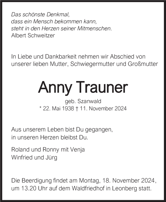 Traueranzeige von Anny Trauner von Leonberger Kreiszeitung / Strohgäu Extra