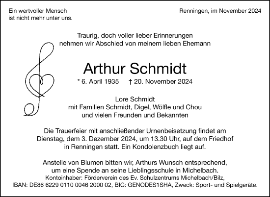Traueranzeige von Arthur Schmidt von Leonberger Kreiszeitung / Strohgäu Extra
