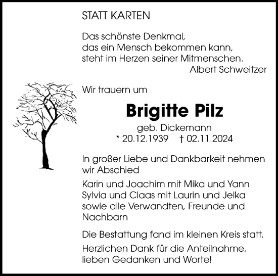 Traueranzeige von Brigitte Pilz von Leonberger Kreiszeitung / Strohgäu Extra