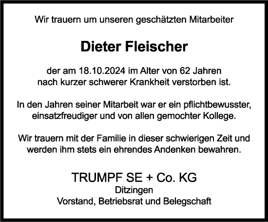 Traueranzeige von Dieter Fleischer von Leonberger Kreiszeitung / Strohgäu Extra