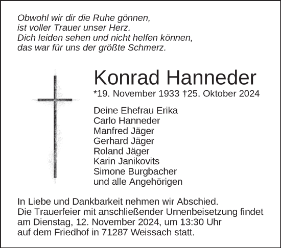 Traueranzeige von Konrad Hanneder von Leonberger Kreiszeitung / Strohgäu Extra