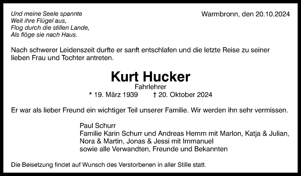 Traueranzeige für Kurt Hucker vom 02.11.2024 aus Leonberger Kreiszeitung / Strohgäu Extra