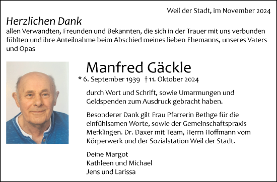 Traueranzeige von Manfred Gäckle von Leonberger Kreiszeitung / Strohgäu Extra