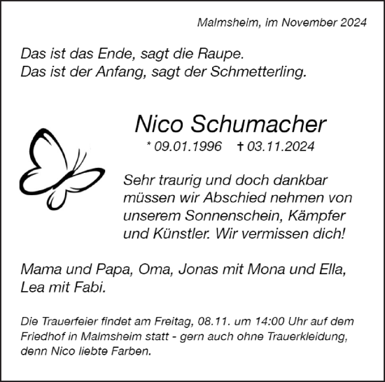 Traueranzeige von Nico Schumacher von Leonberger Kreiszeitung / Strohgäu Extra