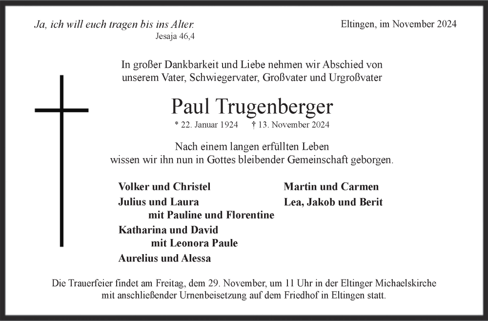  Traueranzeige für Paul Trugenberger vom 21.11.2024 aus Leonberger Kreiszeitung / Strohgäu Extra