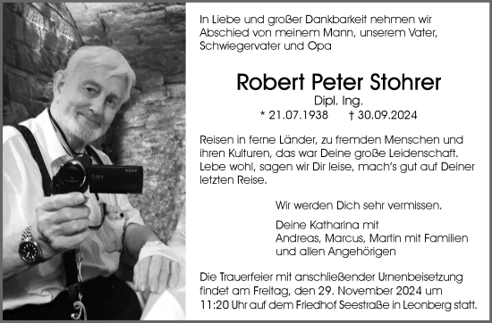Traueranzeige von Robert Peter Stohrer von Leonberger Kreiszeitung / Strohgäu Extra