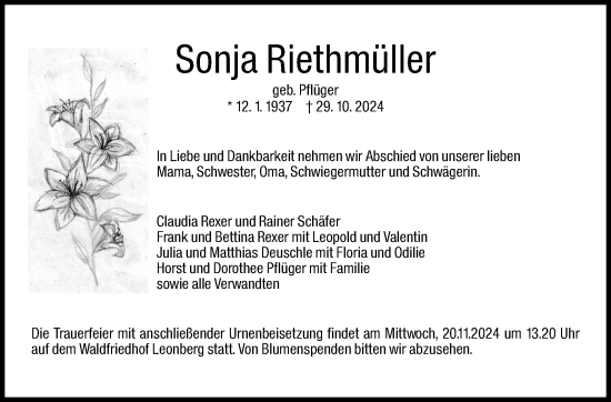 Traueranzeige von Sonja Riethmüller von Leonberger Kreiszeitung / Strohgäu Extra
