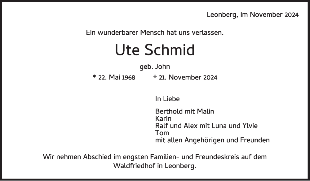  Traueranzeige für Ute Schmid vom 30.11.2024 aus Leonberger Kreiszeitung / Strohgäu Extra