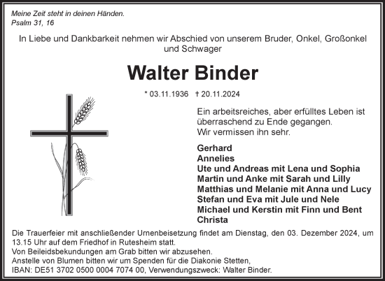Traueranzeige von Walter Binder von Leonberger Kreiszeitung / Strohgäu Extra