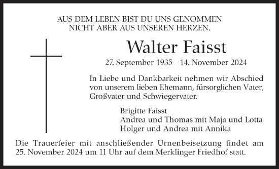 Traueranzeige von Walter Faisst von Leonberger Kreiszeitung / Strohgäu Extra