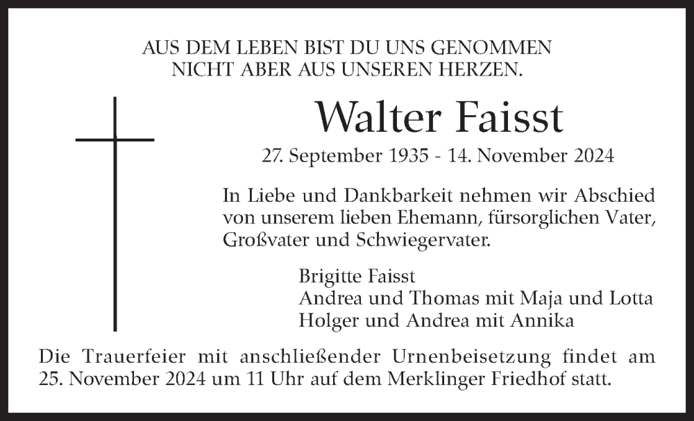  Traueranzeige für Walter Faisst vom 23.11.2024 aus Leonberger Kreiszeitung / Strohgäu Extra