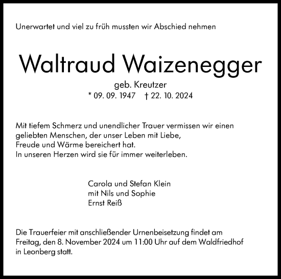 Traueranzeige von Waltraud Waizenegger von Leonberger Kreiszeitung / Strohgäu Extra