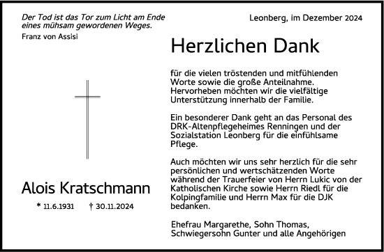 Traueranzeige von Alois Kratschmann von Leonberger Kreiszeitung / Strohgäu Extra