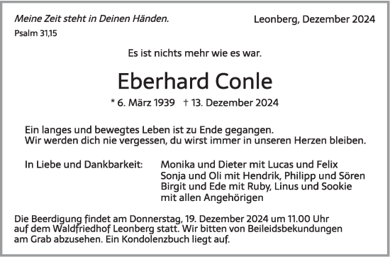 Traueranzeige von Eberhard Conle von Leonberger Kreiszeitung / Strohgäu Extra