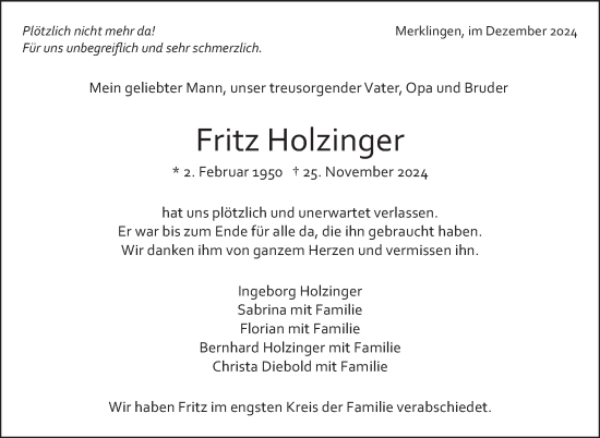 Traueranzeige von Fritz Holzinger von Leonberger Kreiszeitung / Strohgäu Extra