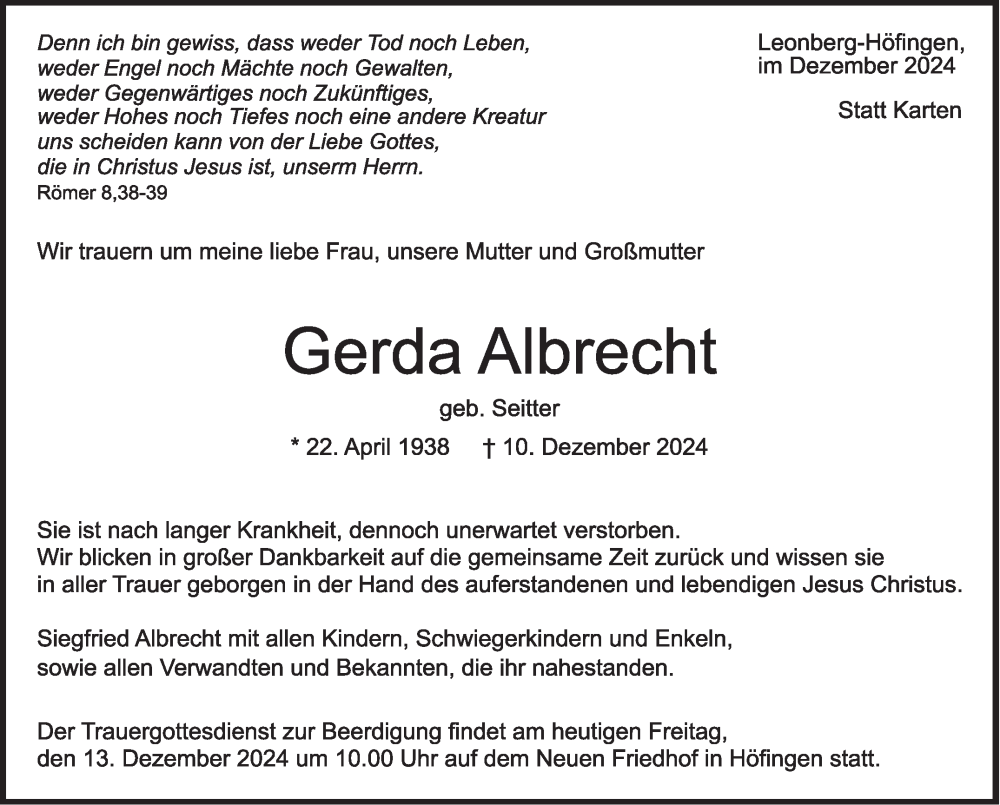  Traueranzeige für Gerda Albrecht vom 13.12.2024 aus Leonberger Kreiszeitung / Strohgäu Extra