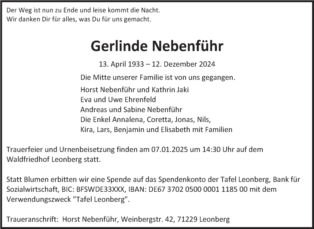  Traueranzeige für Gerlinde Nebenführ vom 21.12.2024 aus Leonberger Kreiszeitung / Strohgäu Extra