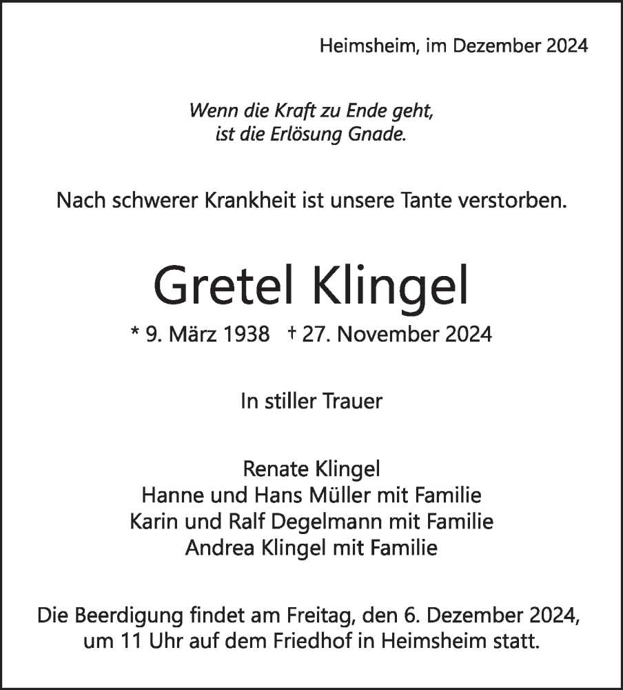 Traueranzeige für Gretel Klingel vom 03.12.2024 aus Leonberger Kreiszeitung / Strohgäu Extra