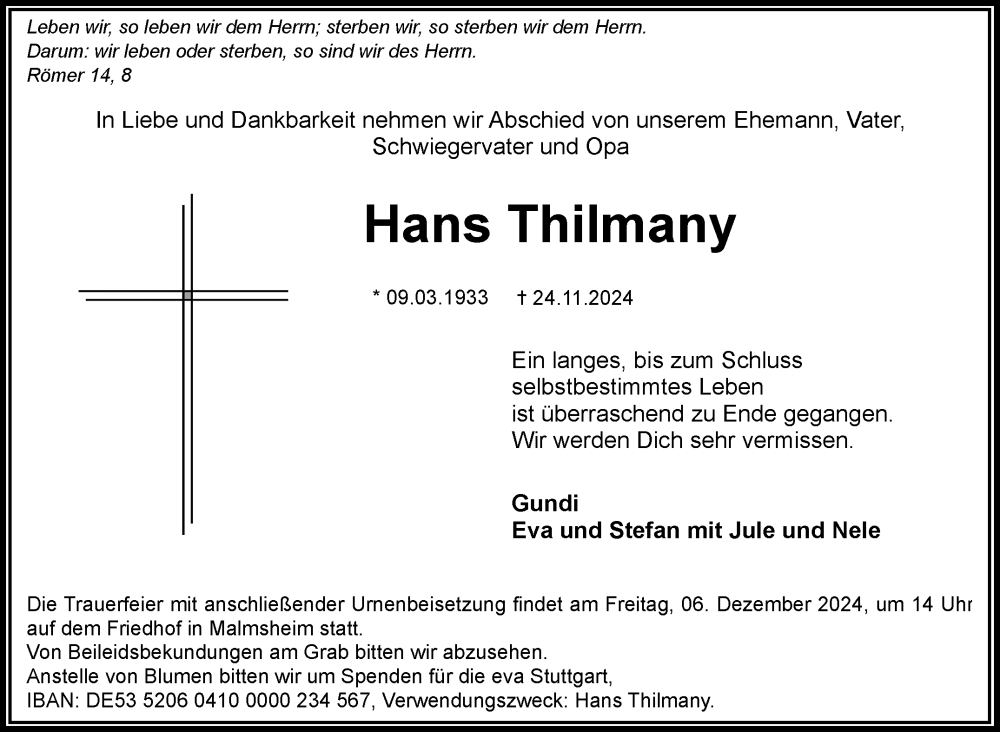  Traueranzeige für Hans Thilmany vom 04.12.2024 aus Leonberger Kreiszeitung / Strohgäu Extra