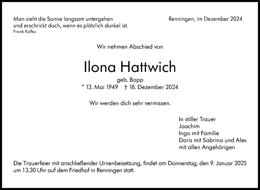  Traueranzeige für Ilona Hattwich vom 27.12.2024 aus Leonberger Kreiszeitung / Strohgäu Extra
