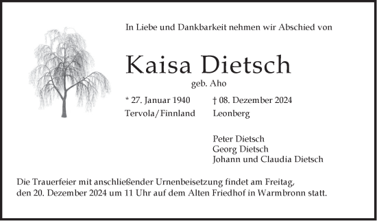 Traueranzeige von Kaisa Dietsch von Leonberger Kreiszeitung / Strohgäu Extra