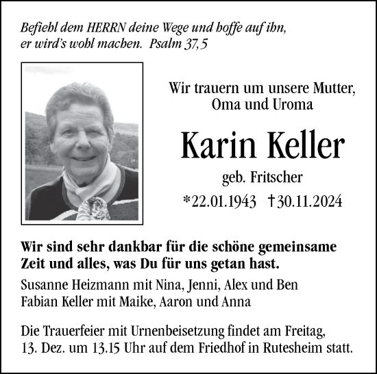 Traueranzeige von Karin Keller von Leonberger Kreiszeitung / Strohgäu Extra