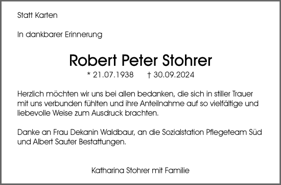 Traueranzeige von Robert Peter Stohrer von Leonberger Kreiszeitung / Strohgäu Extra