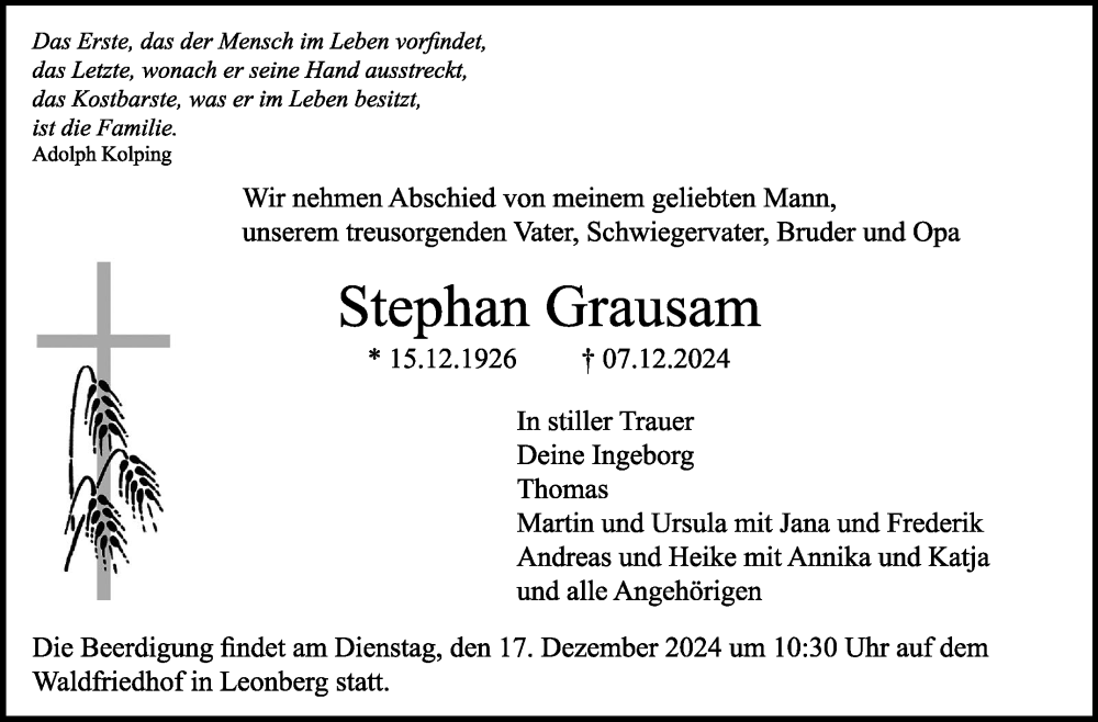  Traueranzeige für Stephan Grausam vom 14.12.2024 aus Leonberger Kreiszeitung / Strohgäu Extra