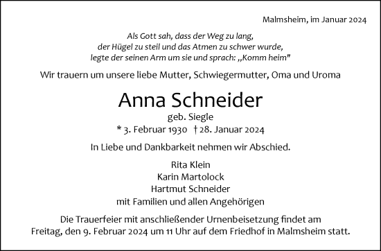 Traueranzeige von Anna Schneider von Leonberger Kreiszeitung / Strohgäu Extra