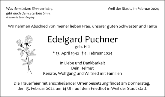 Traueranzeige von Edelgard Puchner von Leonberger Kreiszeitung / Strohgäu Extra