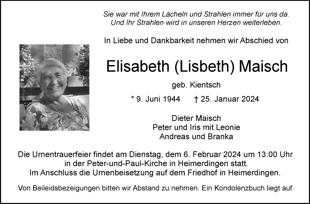  Traueranzeige für Elisabeth Maisch vom 01.02.2024 aus Leonberger Kreiszeitung / Strohgäu Extra