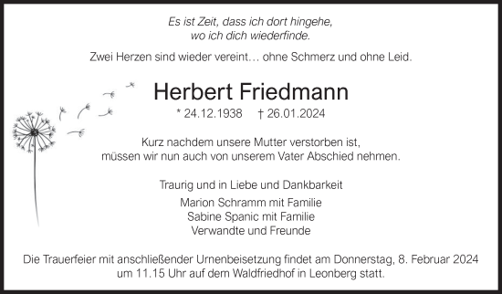 Traueranzeige von Herbert Friedmann von Leonberger Kreiszeitung / Strohgäu Extra